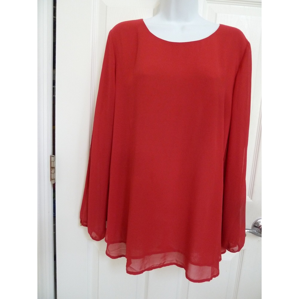 Chicos Sz 2 Large Red Sheer Split Sleeve Blouse Tiered Hem Career Pullover Top